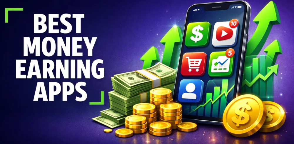Cover image for best money earning apps 2026 article showing a smartphone with money icons representing passive and active income methods.