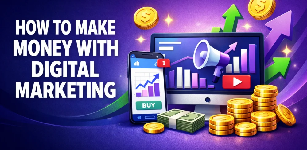Featured image for the article about how to make money with digital marketing.