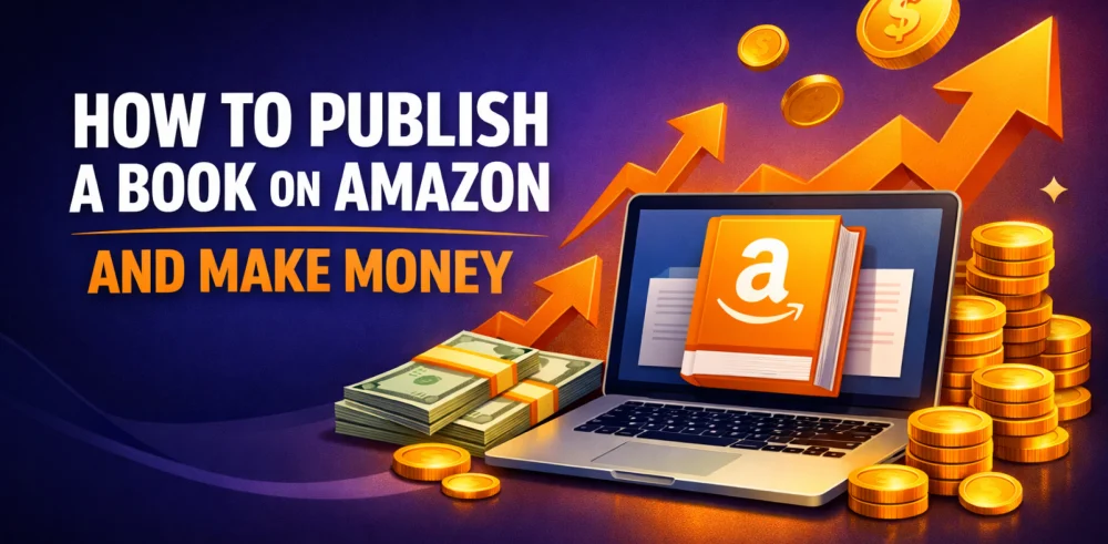 Featured image for the article about how to publish a book on amazon and make money.