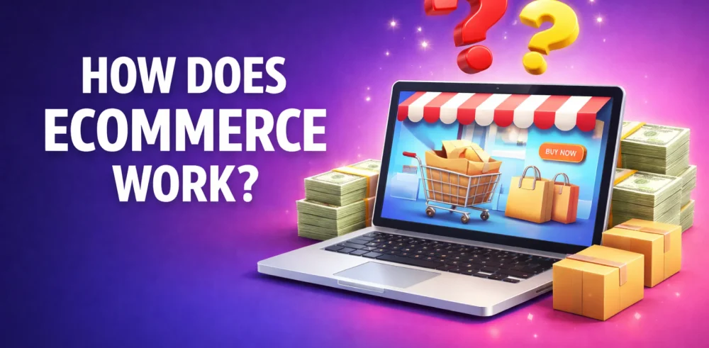 Featured image for an article answering the question "how does ecommerce work?"