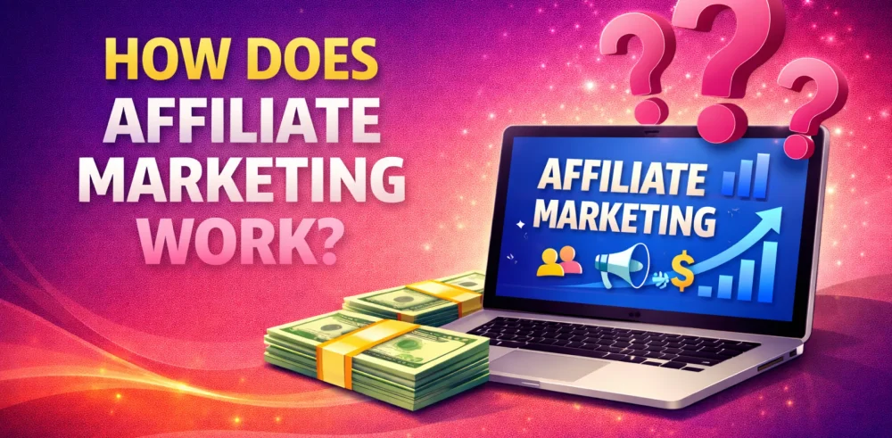 Featured image for an article answering the question "how does affiliate marketing work?"