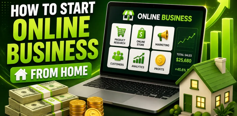 Featured image for an article on how to start online business from home