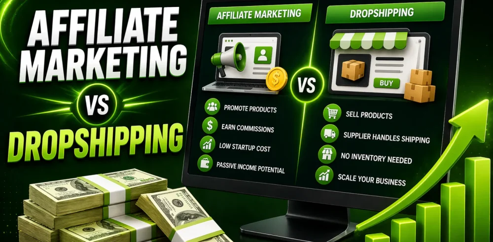 Featured image for an article comparing affiliate marketing vs dropshipping