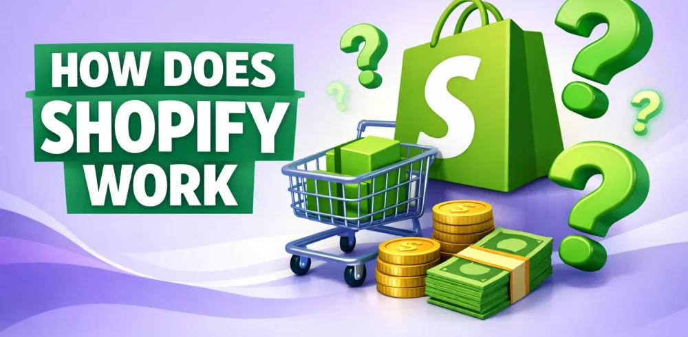 Featured image for an article covering the question "How does Shopify work?"