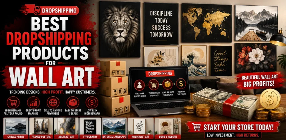 Featured image for an article about the best dropshipping products for wall art