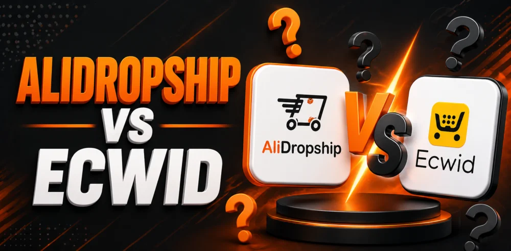 Featured image for an article with the comparison of AliDropship vs Ecwid.