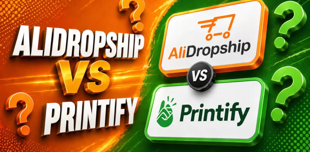 Featured image for an article with the comparison of AliDropship vs Printify.