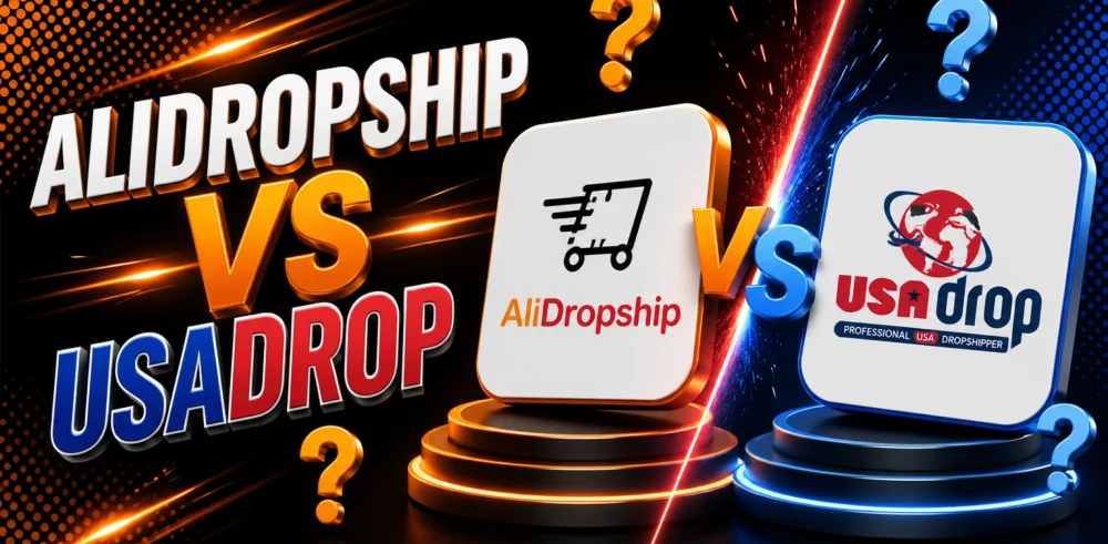 Featured image for an article with the comparison of AliDropship vs USAdrop.